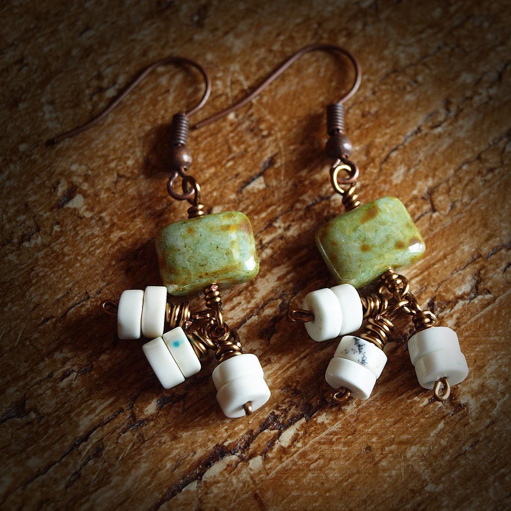 Pressed Glass, Bronze and Howlite Earrings