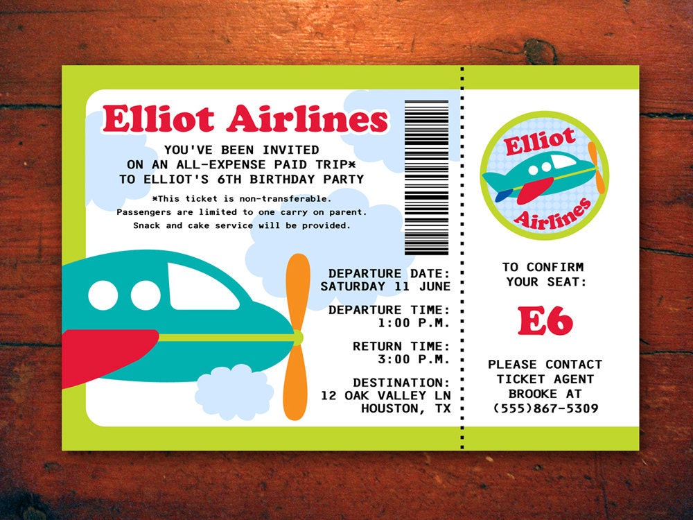 Airplane Birthday Party Invitation - Airline Ticket Invite (Printable Digital File)