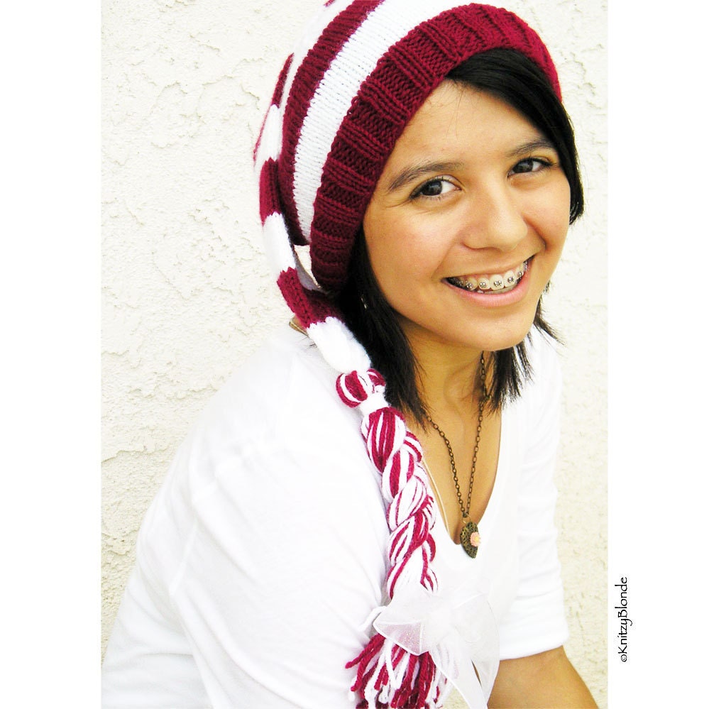Photo Prop Elf Hat, Christmas Stripped Long Stocking Cap with Braid, Custom Colors You Choose