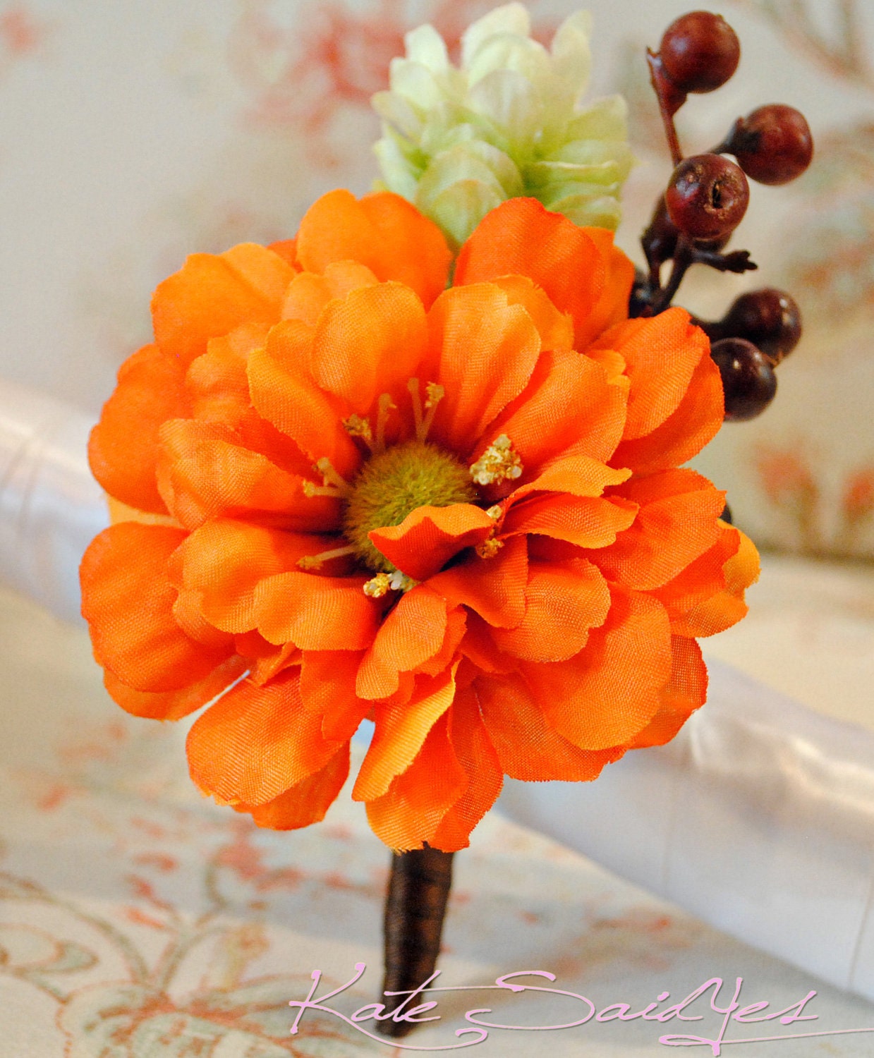 Autumn Orange Zinnia Silk Wedding Boutonniere with Hops and Berries