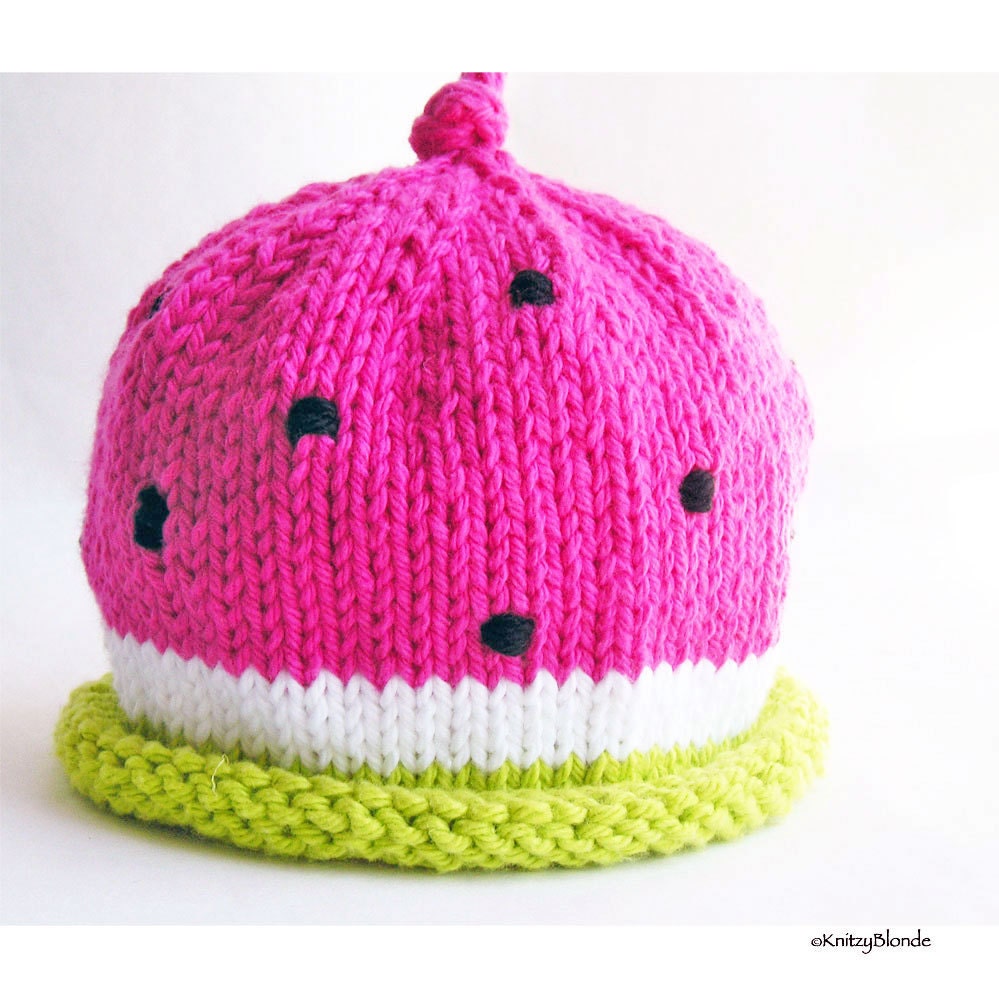Watermelon Toddler Child Hat Hand Knit Photo Prop Hot Pink Lime Green White, Custom Size, Vegan Washable Baby Yarn