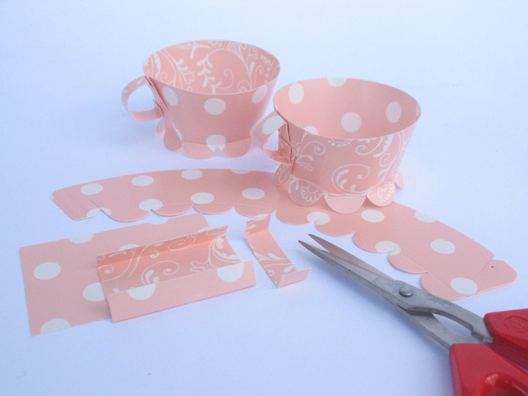 Tea Party Cupcake Wraps, Peach Pink Paisley/Polka Dot Pattern. Kit of 12 DIY Teacup Cupcake Wraps. 1 Personalized Toppers