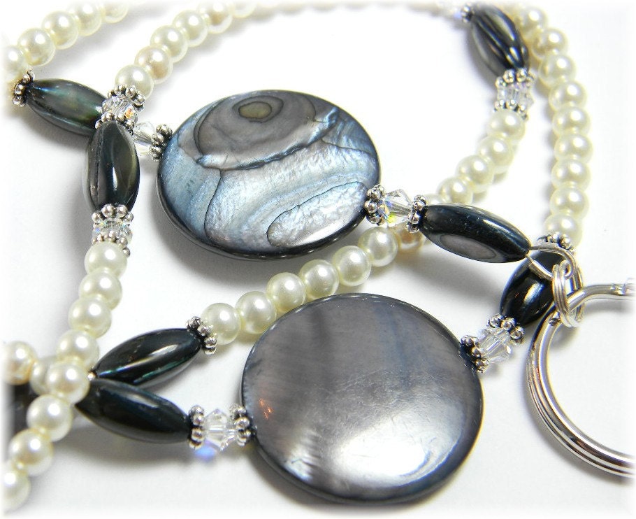Pearl Beaded Lanyard Id Badge Holder with Crystals and Mother of Pearl Beads