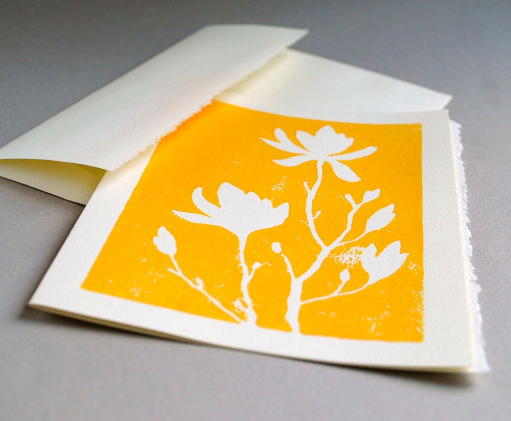 Magnolia Blank Notecard - Yellow Linocut Print - 5 x7 inches