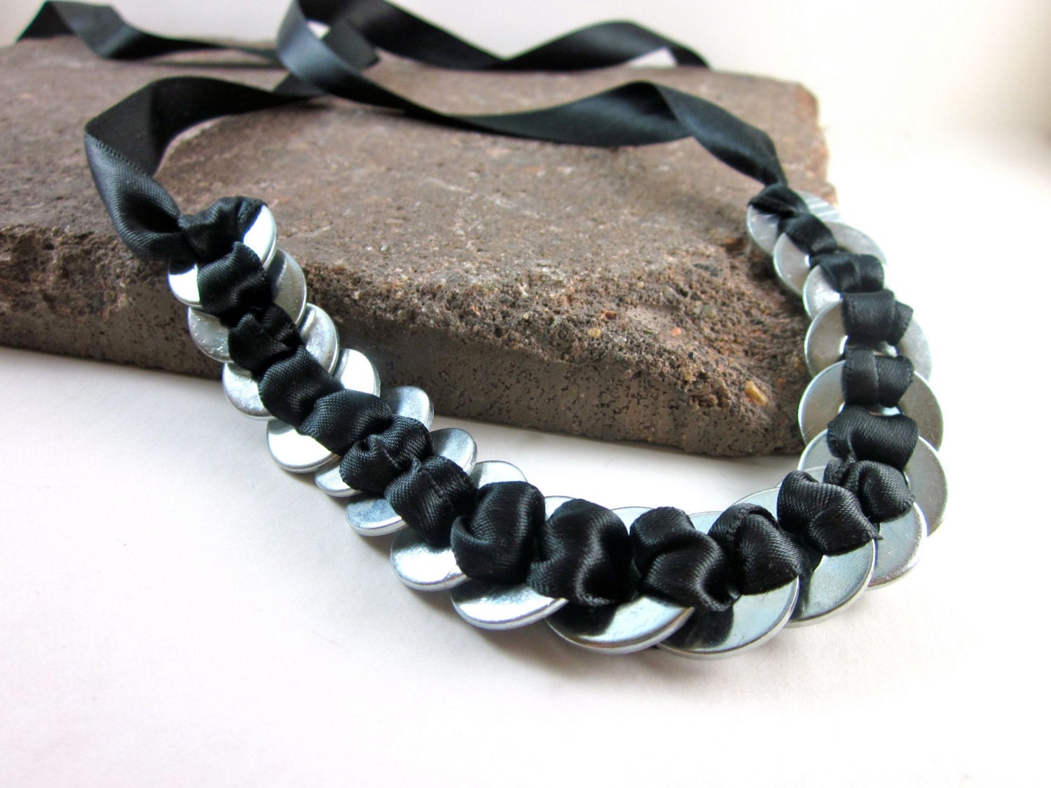 ON SALE - Stainless Steel Hardware Washers and Black Satin Ribbon Necklace and Bracelet - Urban Chic