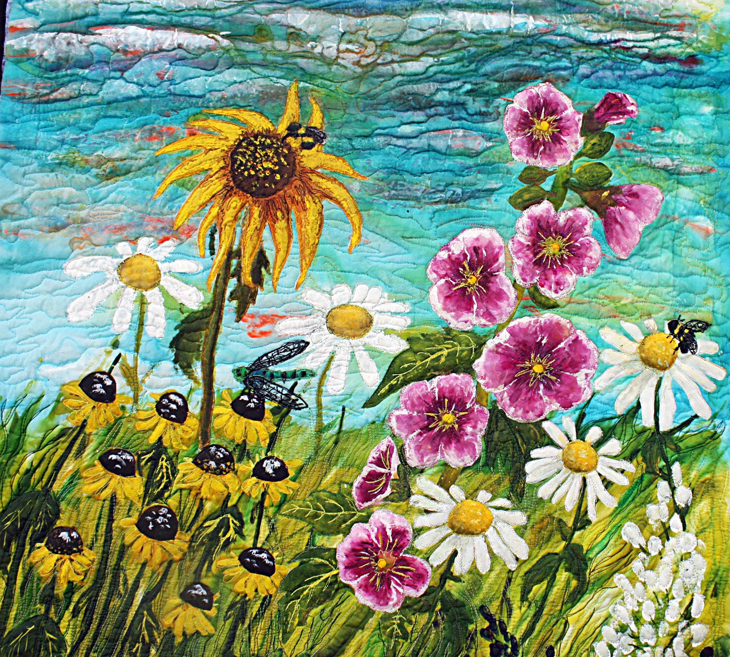 an Art Quilt original hand painted silk garden