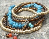 Gypsy Gold and Nugget Stretch Stackable Bracelets - Nugget Turquoise, Brown and Gold Czech Glass with Beaded Dangles