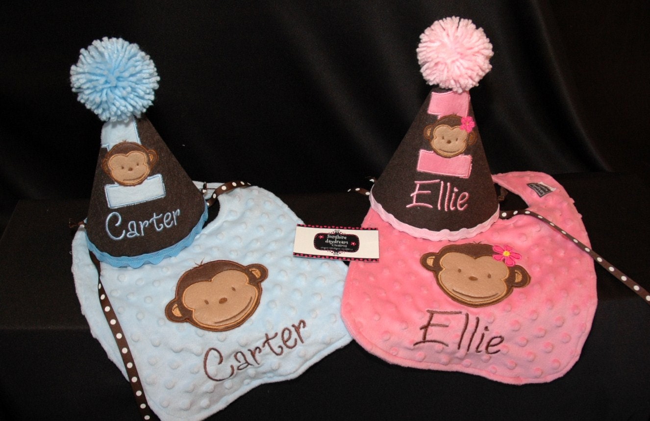 1st Birthday Party Hat and Bib Combo Set Modern Monkey Monkey Design customized for Boy Girl Twins