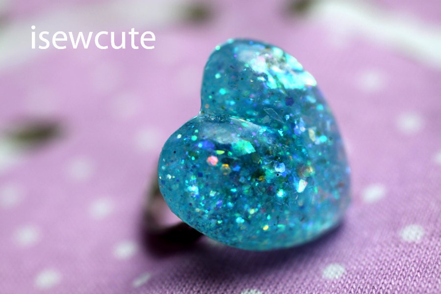 Aqua Blue Ring Glitter Resin Heart Shape With Adjustable Size Ring Unique Handmade Jewelry