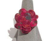 Vintage Large Red Waxed Cord Ring - unusual flower
