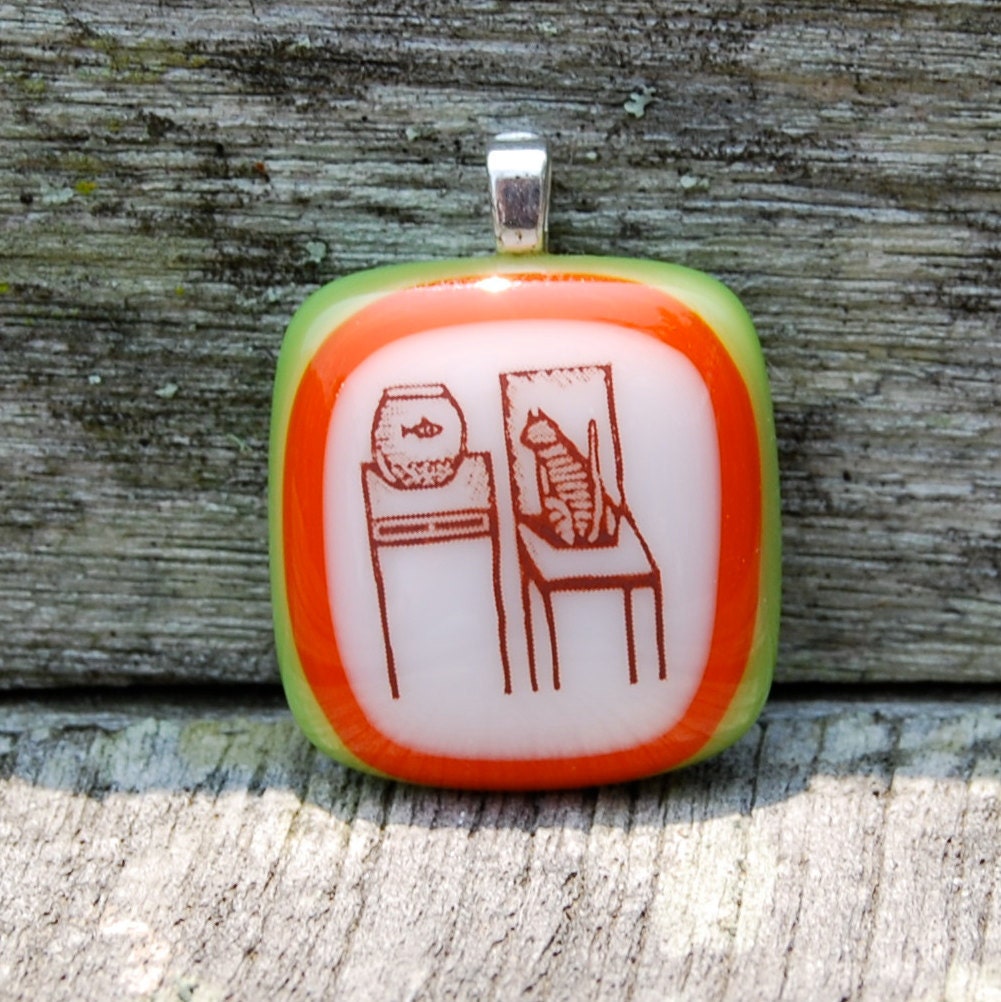 Friend or Foe  - Cat and Fish Pendant - Fused Glass Pendant - Retro Colors