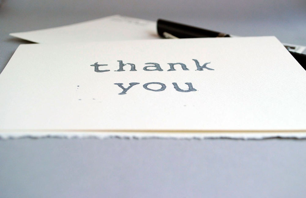 Linocut Thank You Card - Silver Typewriter Font Notecard - Blank Inside