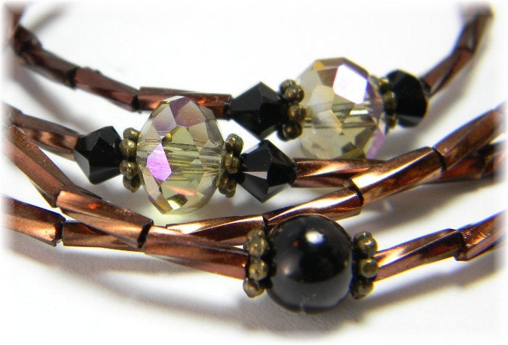 Brown Beaded Lanyard Id Badge Holder with Swarovski Crystals Copper Brown Fall Colors