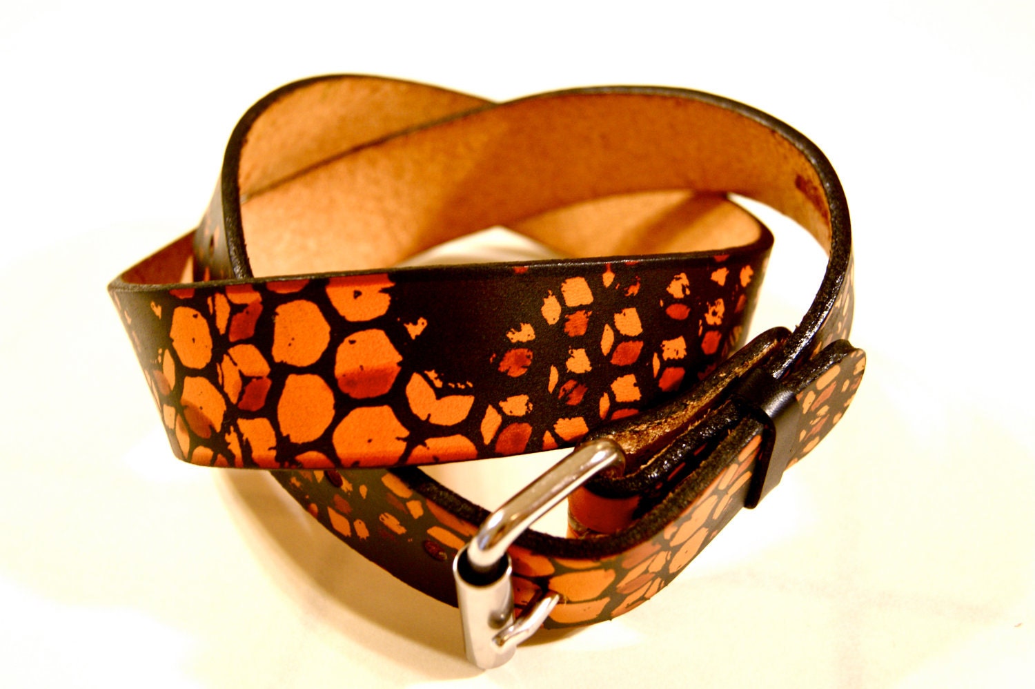 Handmade Leather Belt- Screenprinted Honeycomb