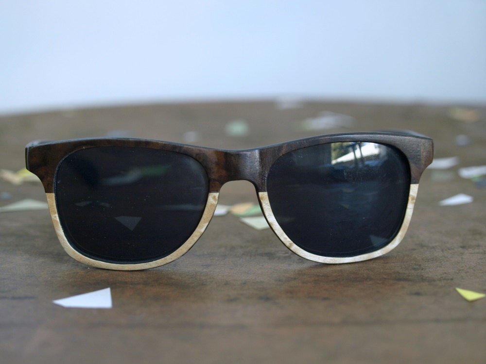 Wooden Wayfarer Sunglasses Walnut and Birds Eye Maple Veneer Faced Eyewear // no. 1383
