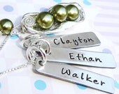 Mother handstamped necklace ..brag name tags sterling silver necklace ...3 Peas In A Pod...green