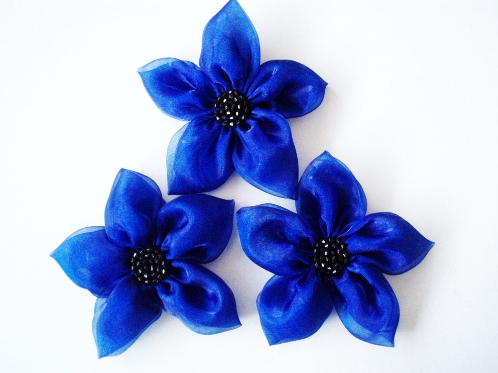 Cobalt Blue Flowers Handmade Appliques Embellishments(3 pcs)