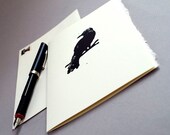 Black Raven Silhouette Handmade Linocut Card Ivory Deckle Edge with Envelope 5 x 7 inches