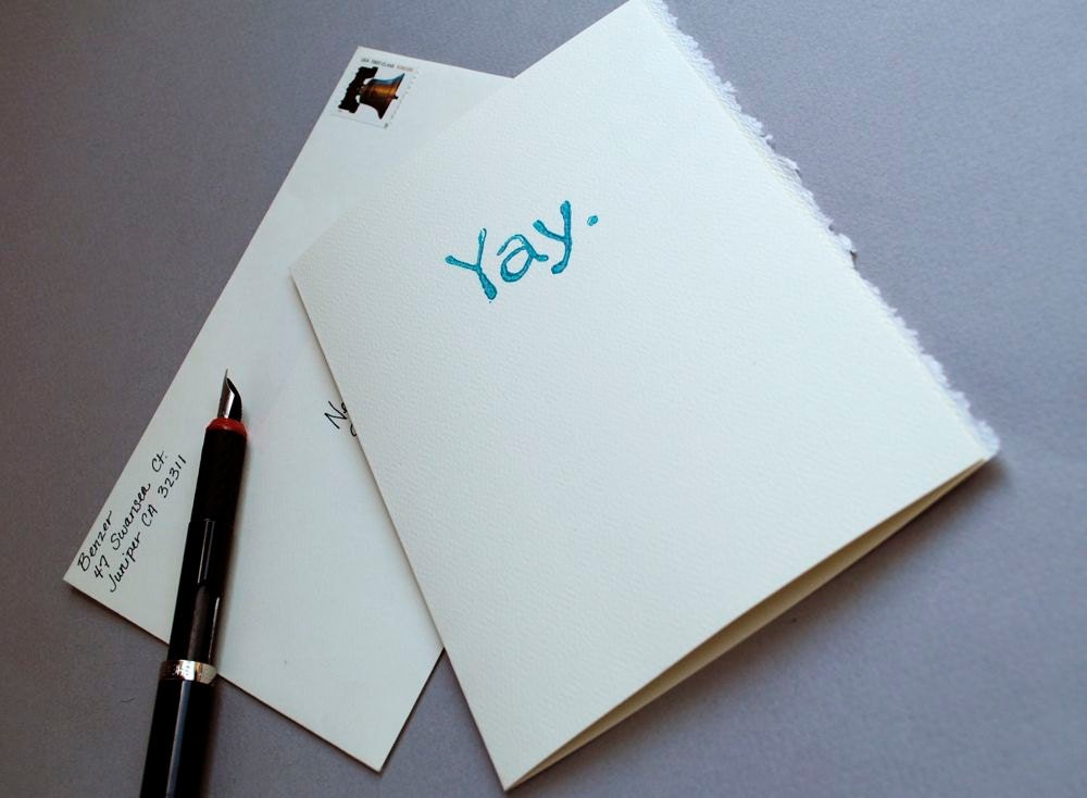 Turquoise "Yay."  Block Print Card  Linocut  Notecard Cursive Font 5 x 7 inches Blank Inside