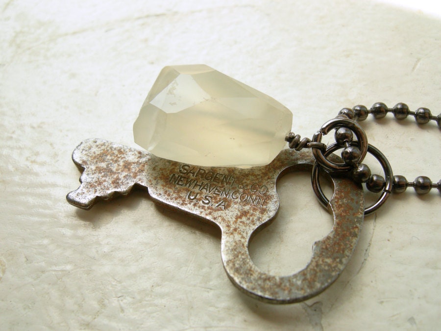 Unisex Snow Quartz and Key Ball Chain Necklace -  White and Rust.