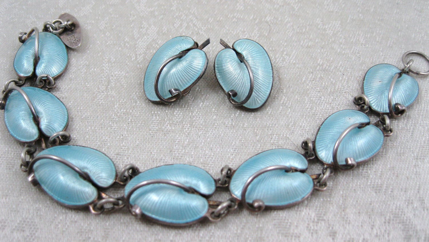 Volmer Bahner Sterling Guilloche Enamel Bracelet with Clipon Earrings Set