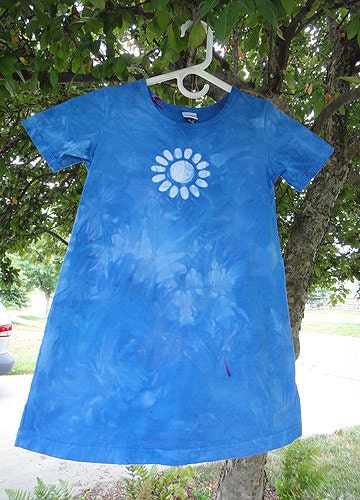 Girls Dress: Blue with Batik Flower, Short Sleeves (6) READY TO SHIP