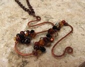 Hand Forged Copper Necklace with Garnet and Crystals "Meander"