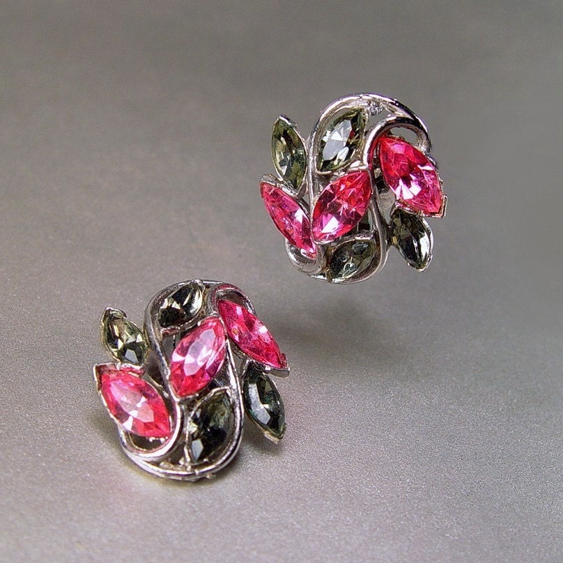 Signed BOGOFF Black Magic Crystal Rhinestone Earrings 1955 Ad Piece Vintage 1950s Jewelry