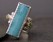 Blue Larimar and Green Peridot in Sterling Silver Ring