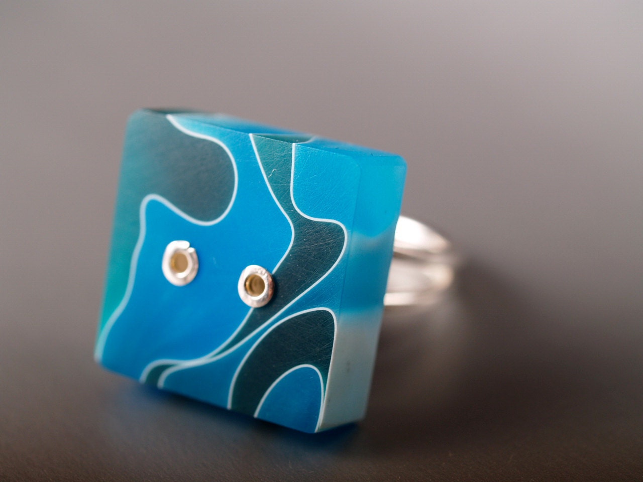 Swirly BlueGreen tile ring with adjustable sterling band