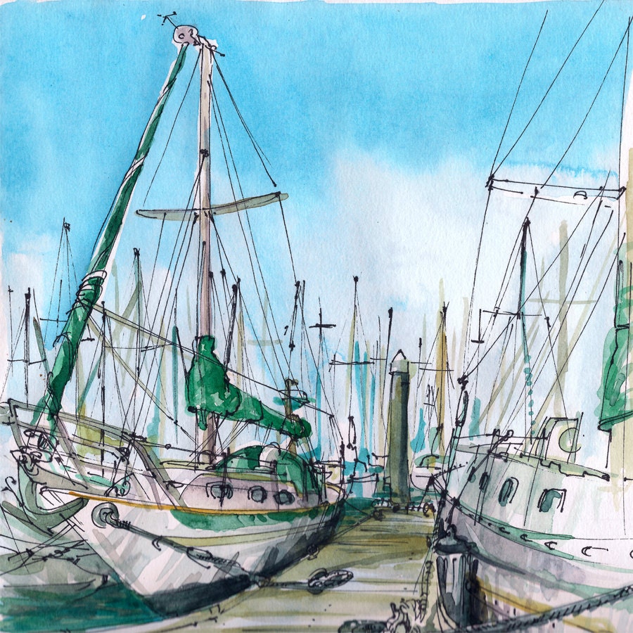 Boats, Nautical Art, a watercolor sketch in blue and green - 8x8 print