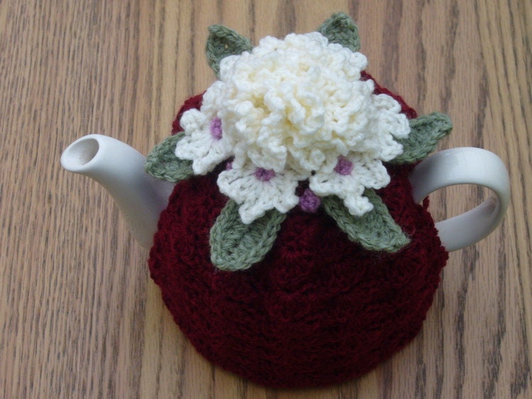 4-6 Cup Crochet Tea Cosy/ Tea Cozy/ Cosy/ Cozy Maroon with Cream Flowers (Made to order)