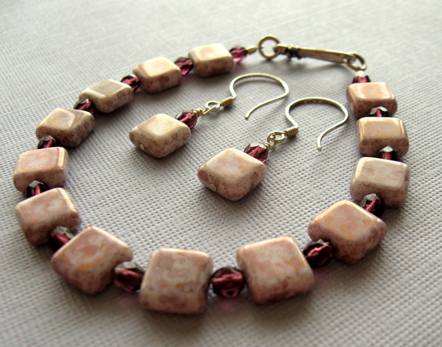 Purple and White Sterling Silver Bracelet and Earring Set
