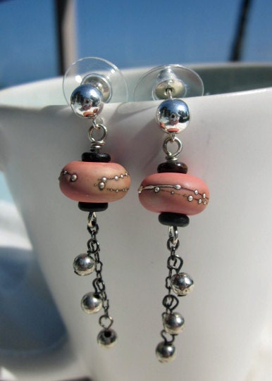 Orange Earrings - Coral Splash - Lampwork Beads with Swirls of Silver