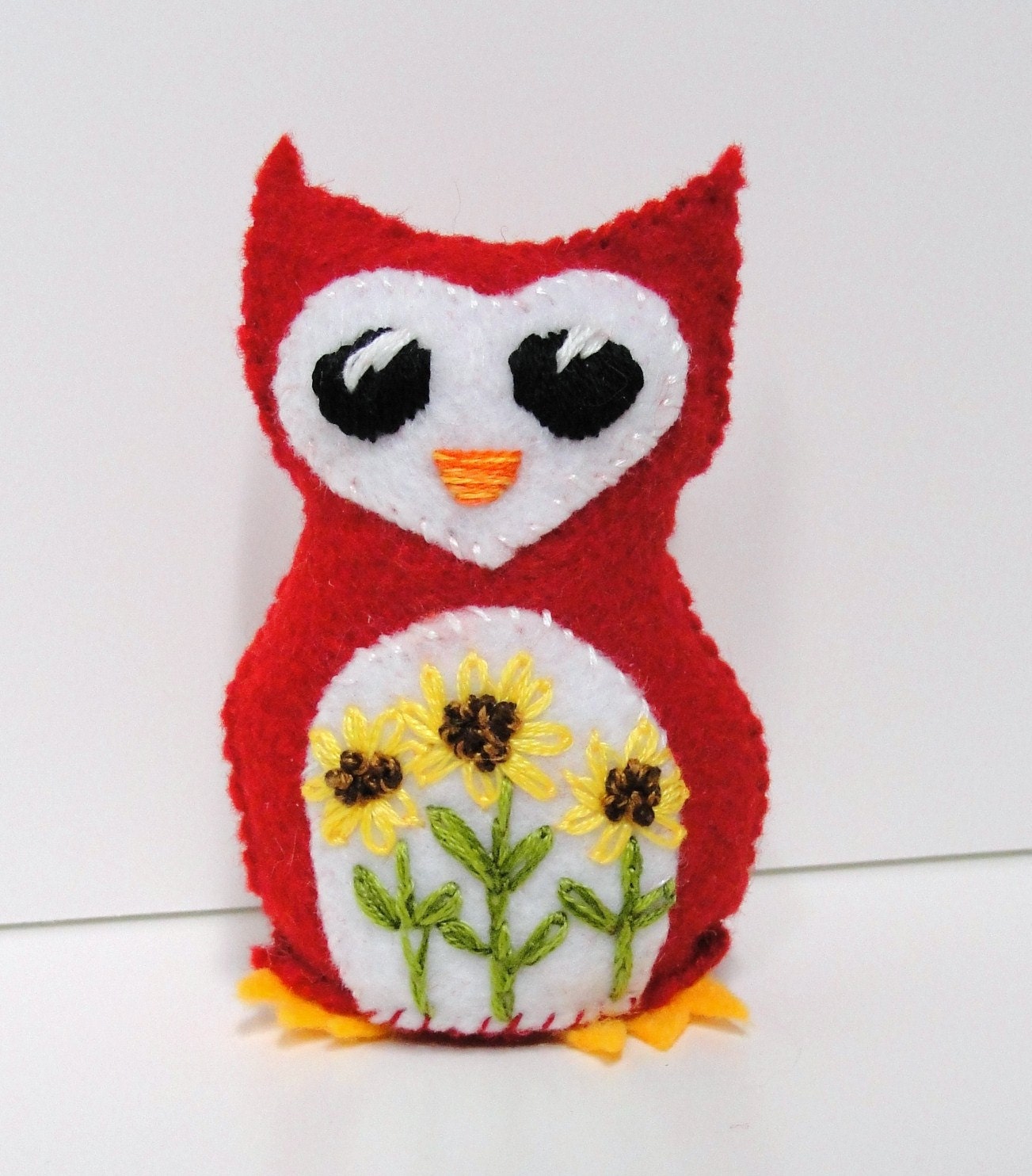 SALE -felt owl- wee feltie owlet in red with sunflowers