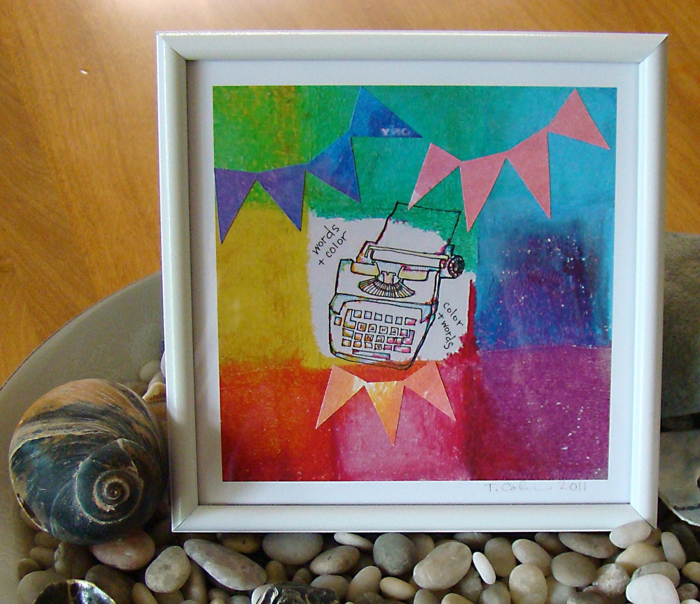Tiny Typewriter, illustration & collage, framed