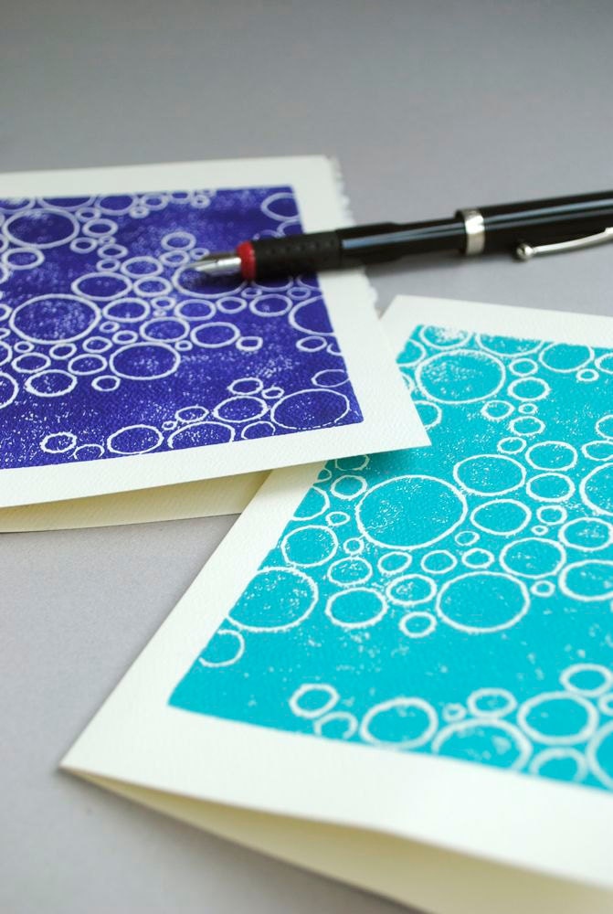 Bubbles Blank Notecards - Set of Two Circle Pattern Linocut Cards - 5 x 7 inches
