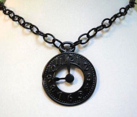 Black Clock Necklace - Charm Pendant - Jet Black Clock Jewelry