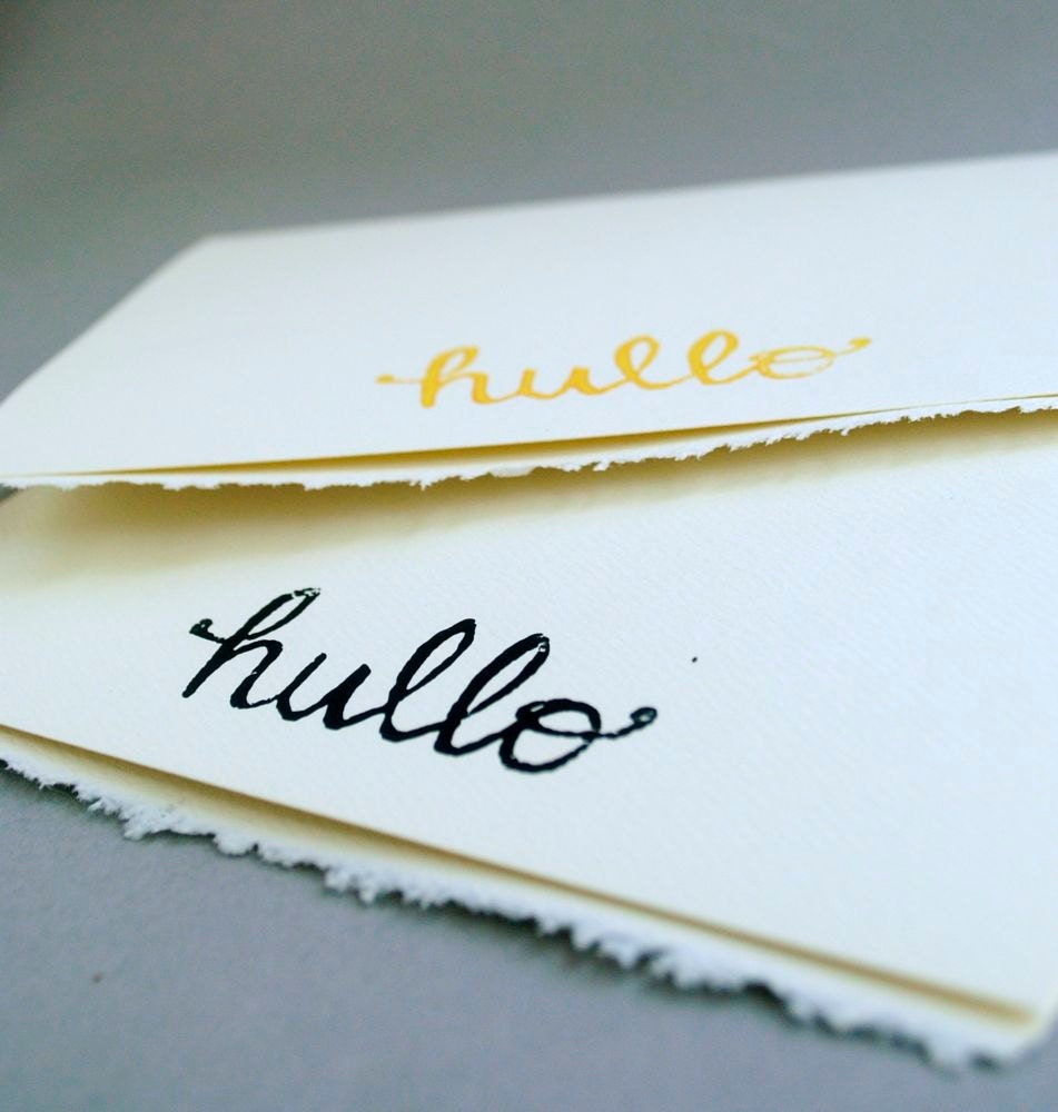 Two Blank Notecards - Hullo Linocut Greeting Cards - 5 x 7 inches - Cursive Font