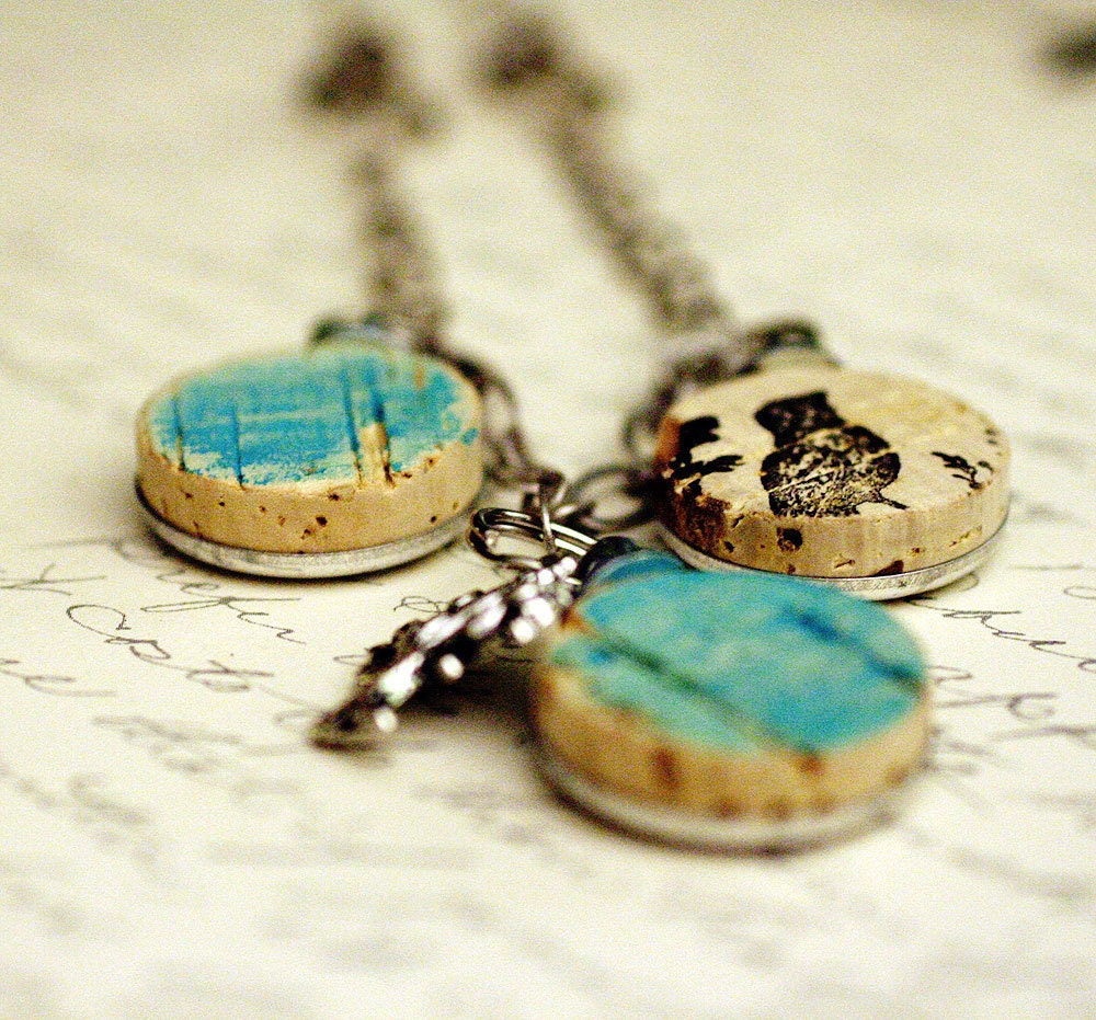 Wine Cork Necklace - Bluebirds - Upcycled Silver by Uncorked