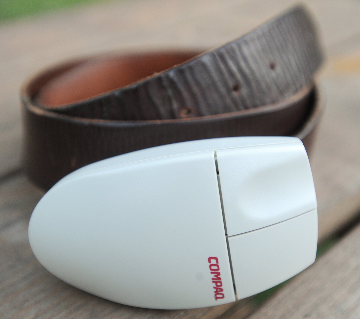 Compaq computer mouse belt buckle, upcycled for the PC in your life