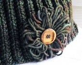 Cowl Hand Knit Moss Green Soft Merino Wool Loopy Flower Big Wood Button