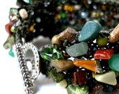 Beaded Forest Cuff, wearable fiber art, chic funky hand knit stone bracelet, Olive Avocado Peapod Green Brown