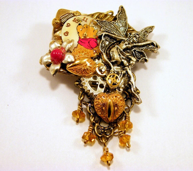 Winnie the Poo and Fairy Citrine Steampunk Playful Brooch/ Pin