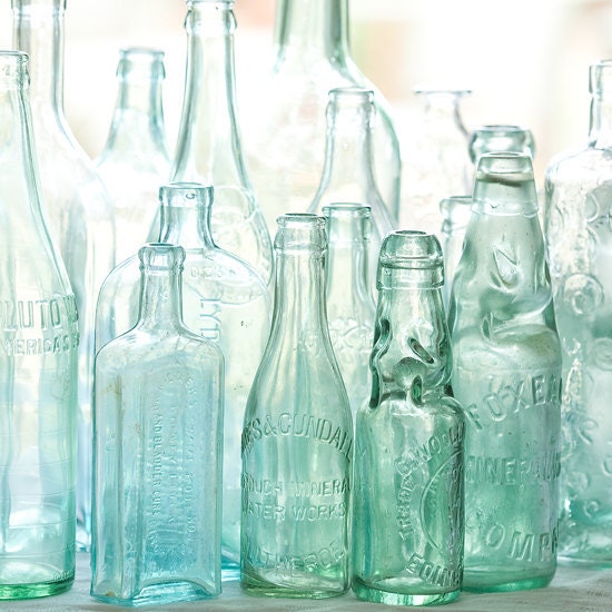 antique bottles 8 x 8 square... sunlight through blue green glass by leaping gazelle