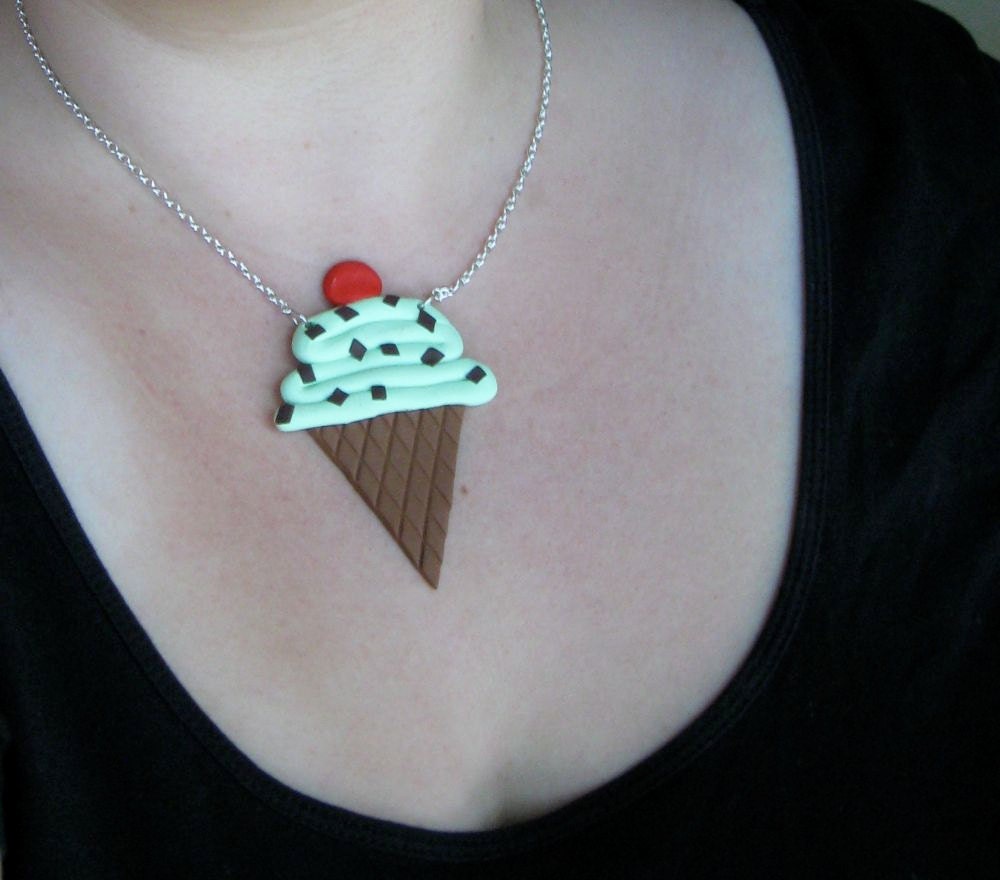 Polymer Clay Mint Chocolate Chip Ice Cream Cone Necklace