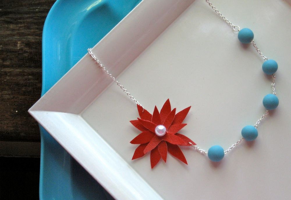 Red Vinyl Flower & Blue Polymer Clay Bead Necklace