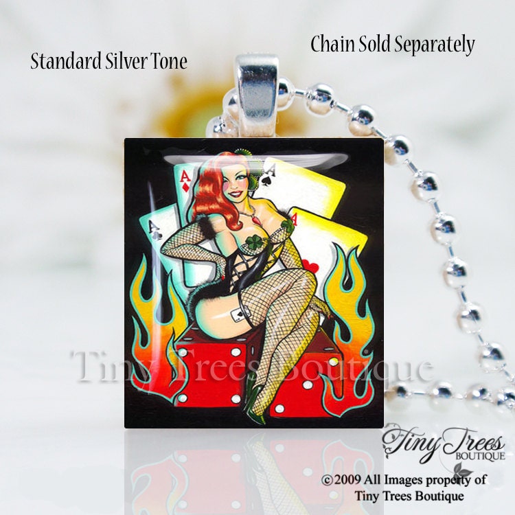 SALE - Recycled Scrabble Tile Pendant - Lady Luck Pin Up Resin Pendant