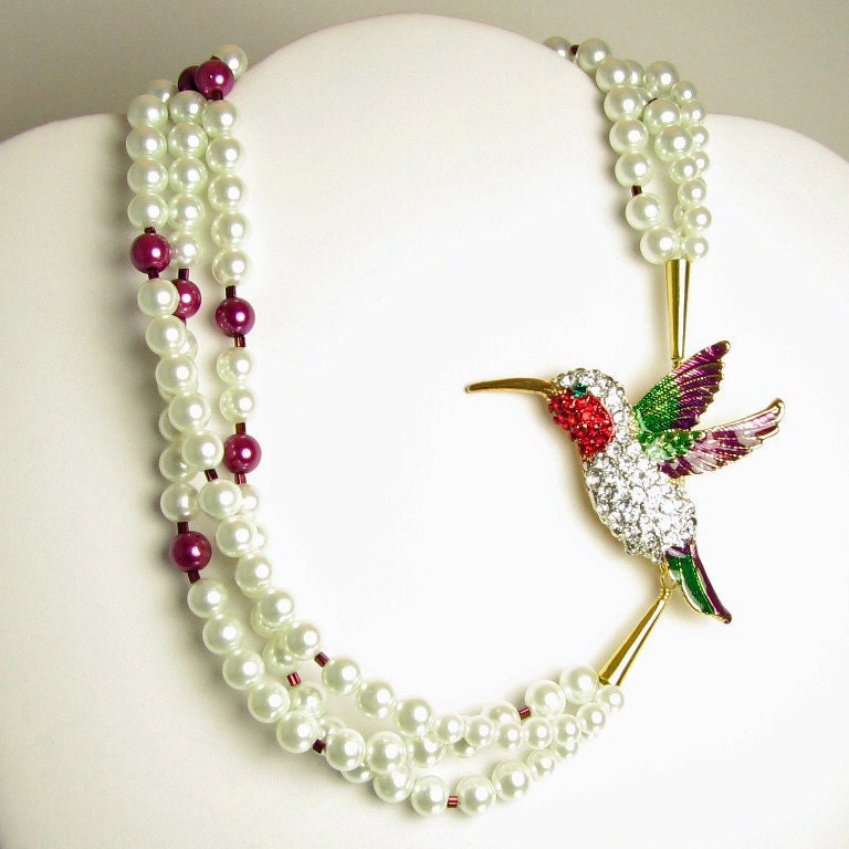 Ruby Throated Humming Bird and Pearls Necklace