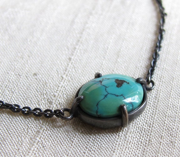 Turquoise Station Necklace Sterling Silver Oval Cabochon